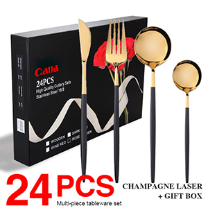 24pcs Luxury fast shipping promotion black golden stainless steel travel cutlery set for wedding
