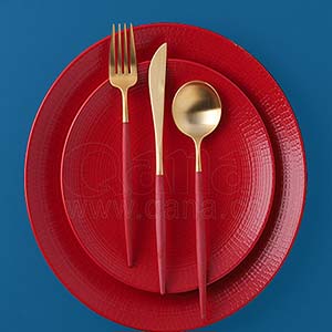 Set of cutlery, fork and spoon chopsticks for Portuguese and Goa red and gold Western tableware