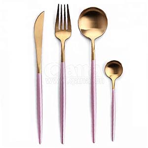 24pcs  fast shipping promotion blue golden stainless steel travel cutlery set with window wooden case