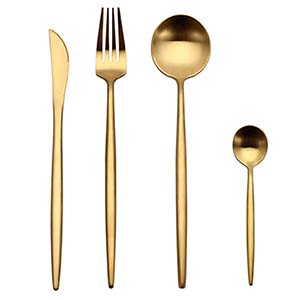 24pcs  fast shipping promotion blue golden stainless steel travel cutlery set with window wooden case