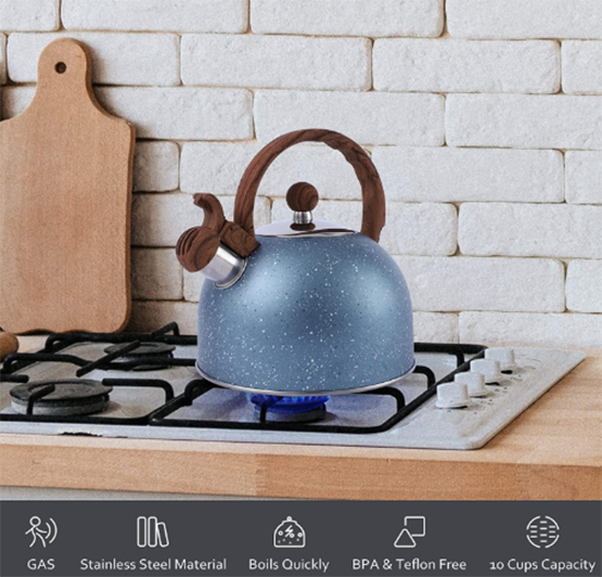 Tea Kettle, 2.3 Quart Tea Pot stling Water Kettle, Food Grade Stainless Steel Teapot for Stovetops Gas Electric Induction with Wood Pattern Handle Loud Whistle - Blue